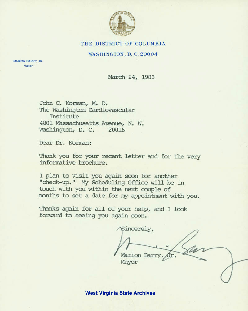 Marion Barry letter to Dr. John C. Norman, 1983. (Ms2014-074)