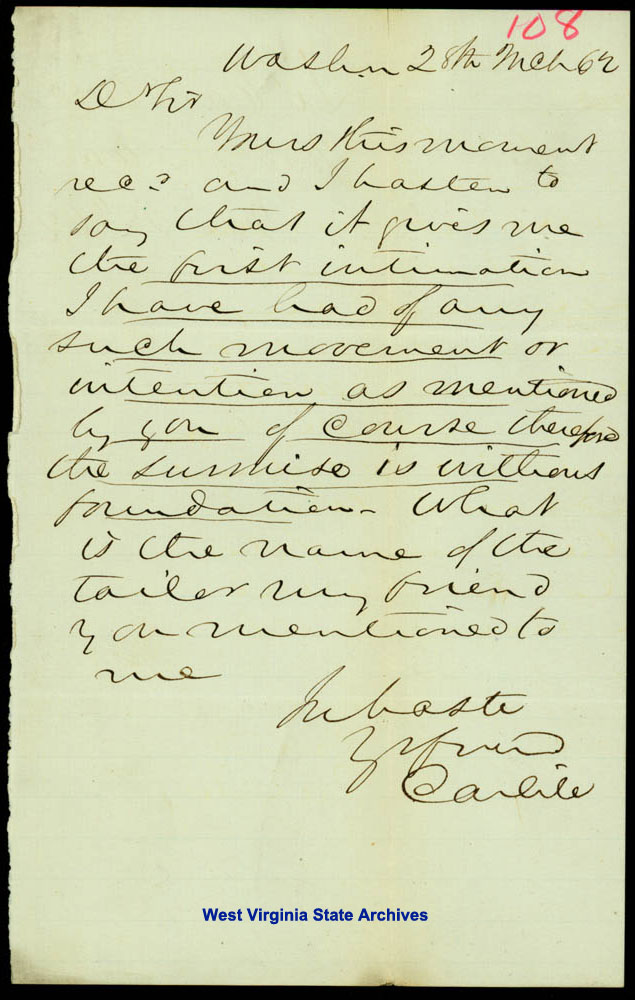 John S. Carlile letter referring to an unspecified movement, 1862. (Ar1722)