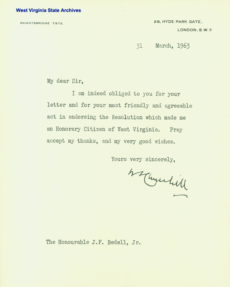 Winston Churchill letter, 1963. (Ms82-29)