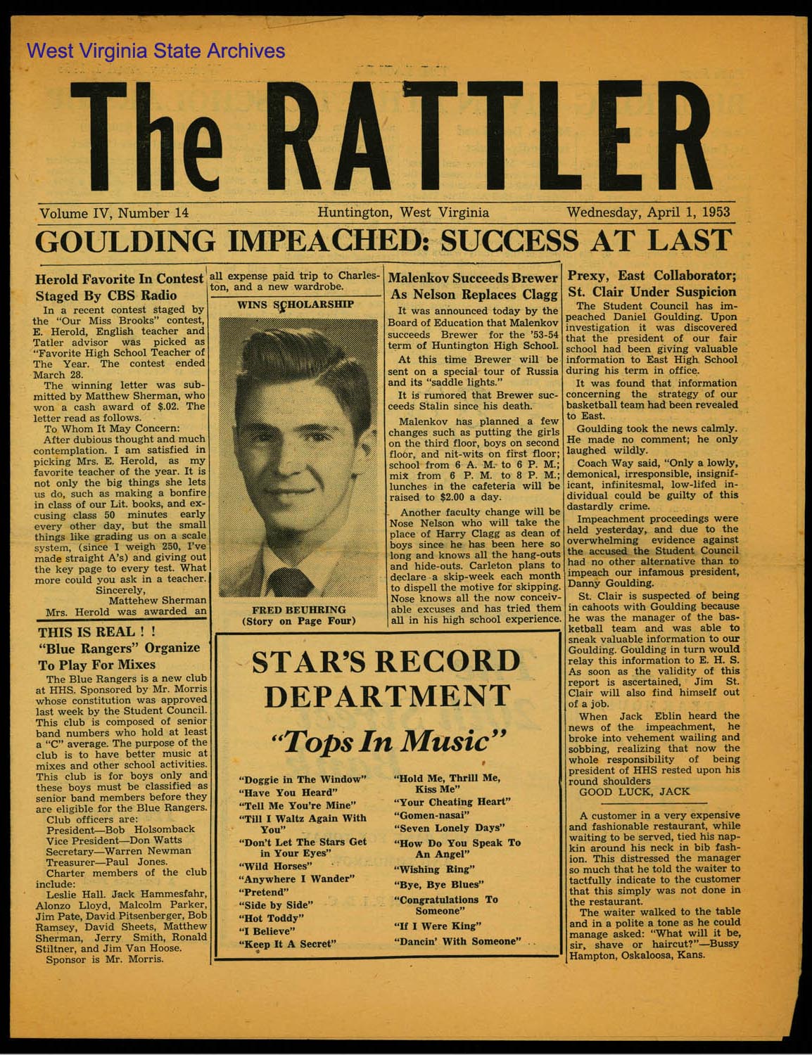 April Fools Day edition of <i>The Rattler</i> (<i>The Tattler</i>), Huntington High School Newspaper, 1953. (Ms2007-001))