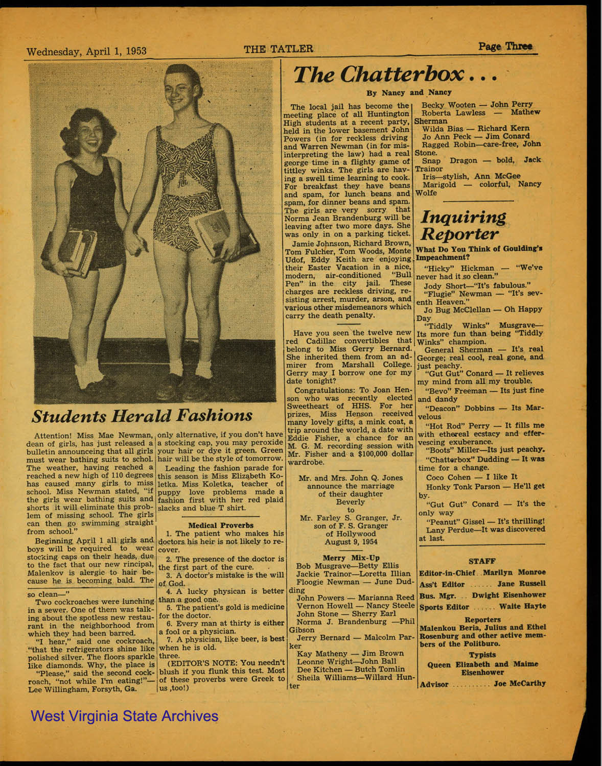 April Fools Day edition of <i>The Rattler</i> (<i>The Tattler</i>), Huntington High School Newspaper, 1953. (Ms2007-001)