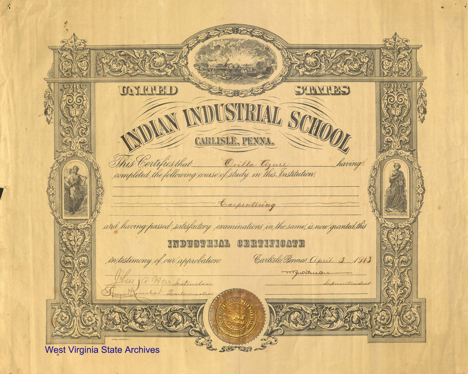 Ovilla Azures industrial certificate from the Indian Industrial School, Carlisle, Pennsylvania, 1913. Jim Thorpe attended this institution prior to rising to fame in the 1912 Olympics. (Ms91-34)