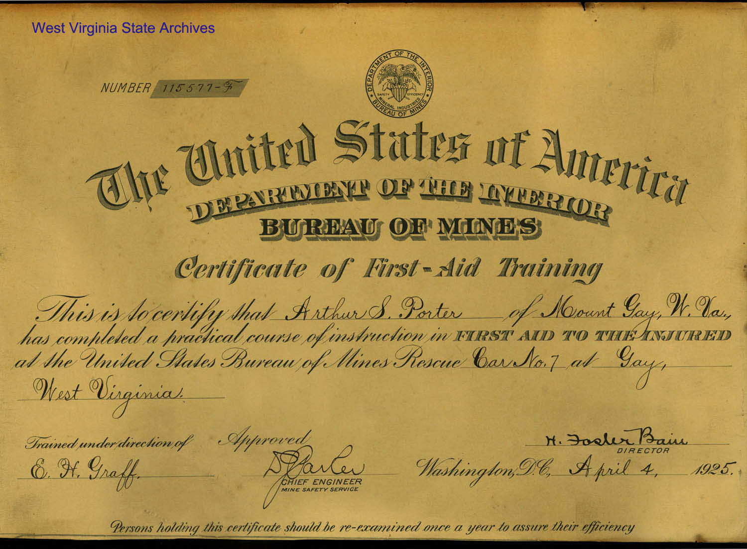 US Bureau of Mines certificate of first aid training issued to Arthur S. Porter, Mount Gay, 1925. (Ms78-50)