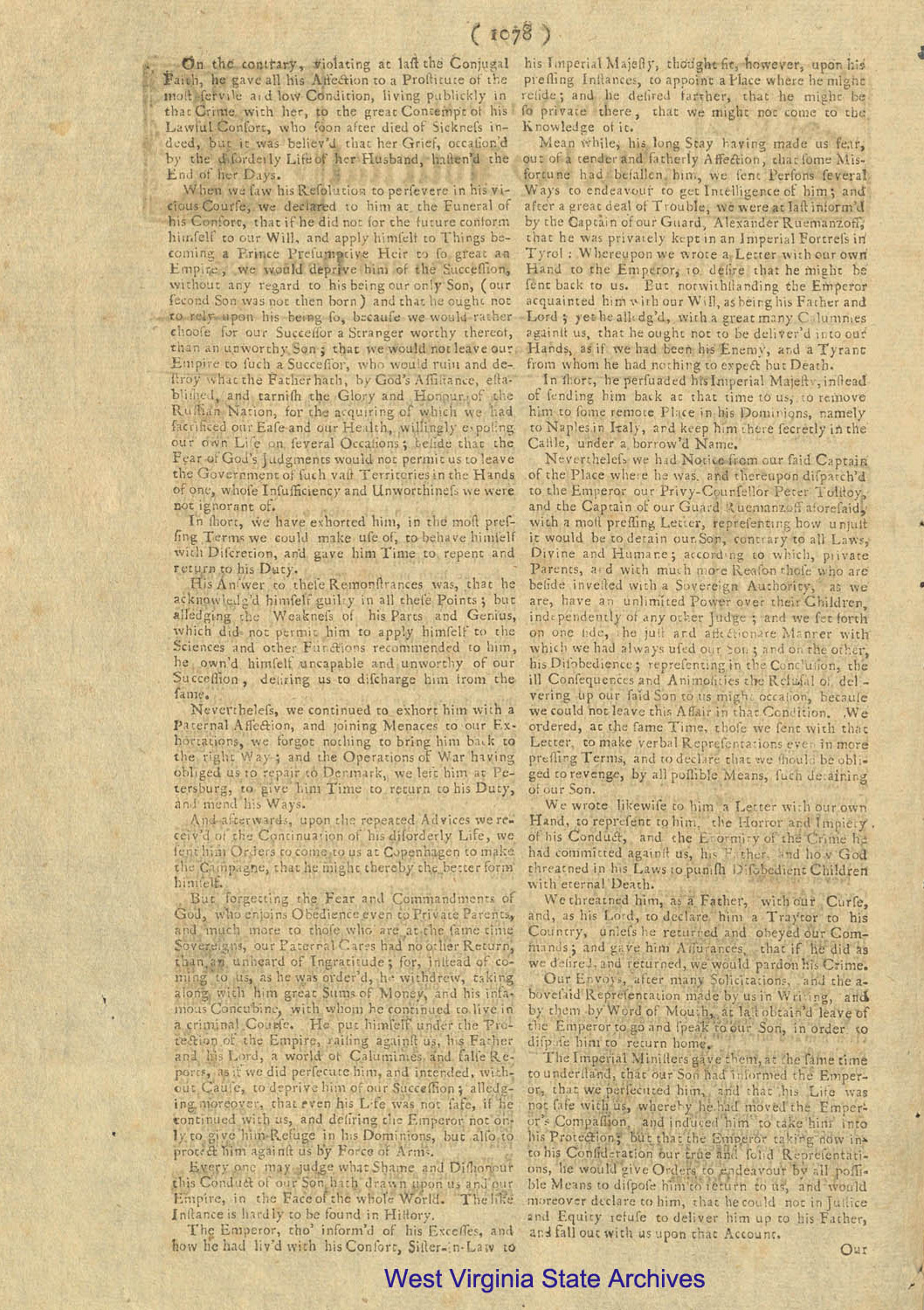 <i>The Original Weekly Journal</i> (London, England) featuring an open letter from Peter the Great discussing the actions of son Alexi, 1718. (MN-20)