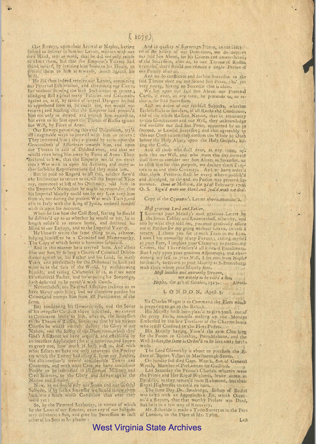 <i>The Original Weekly Journal</i> (London, England) featuring an open letter from Peter the Great discussing the actions of son Alexi, 1718. (MN-20)
