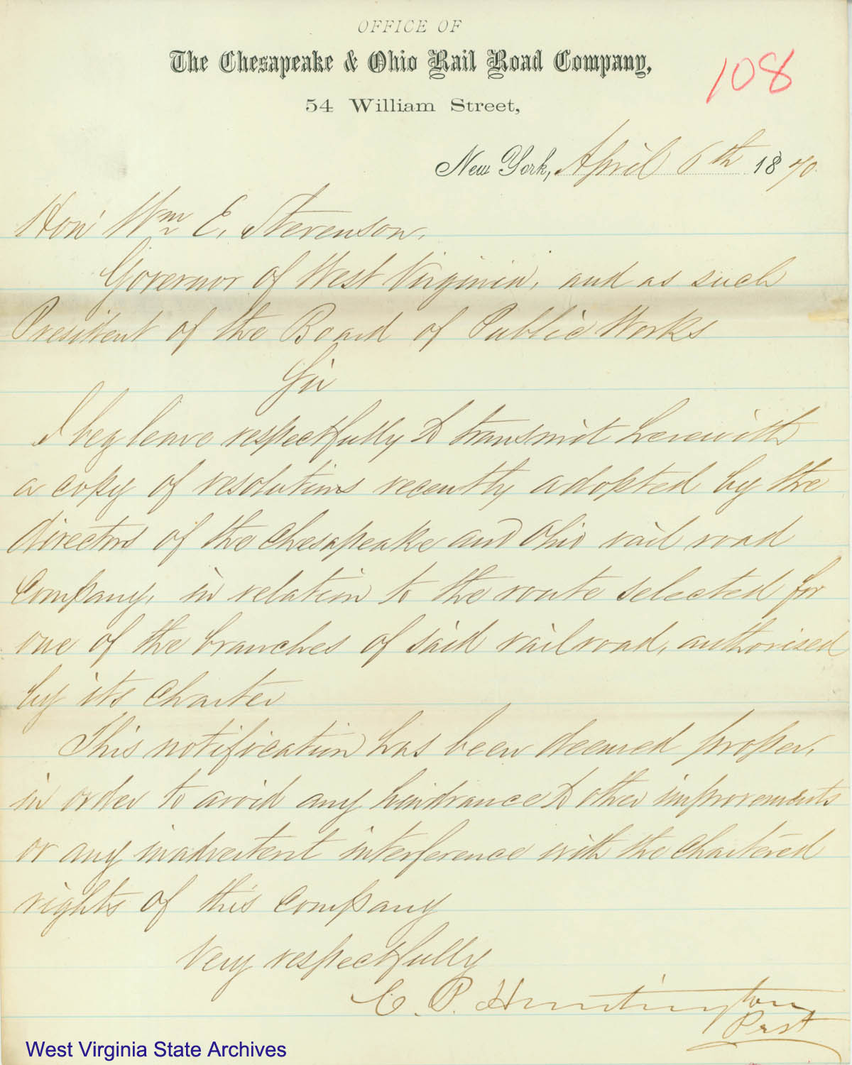 Letter from Collis P. Huntington to Governor William E. Stevenson, 1870. (Ar1724)