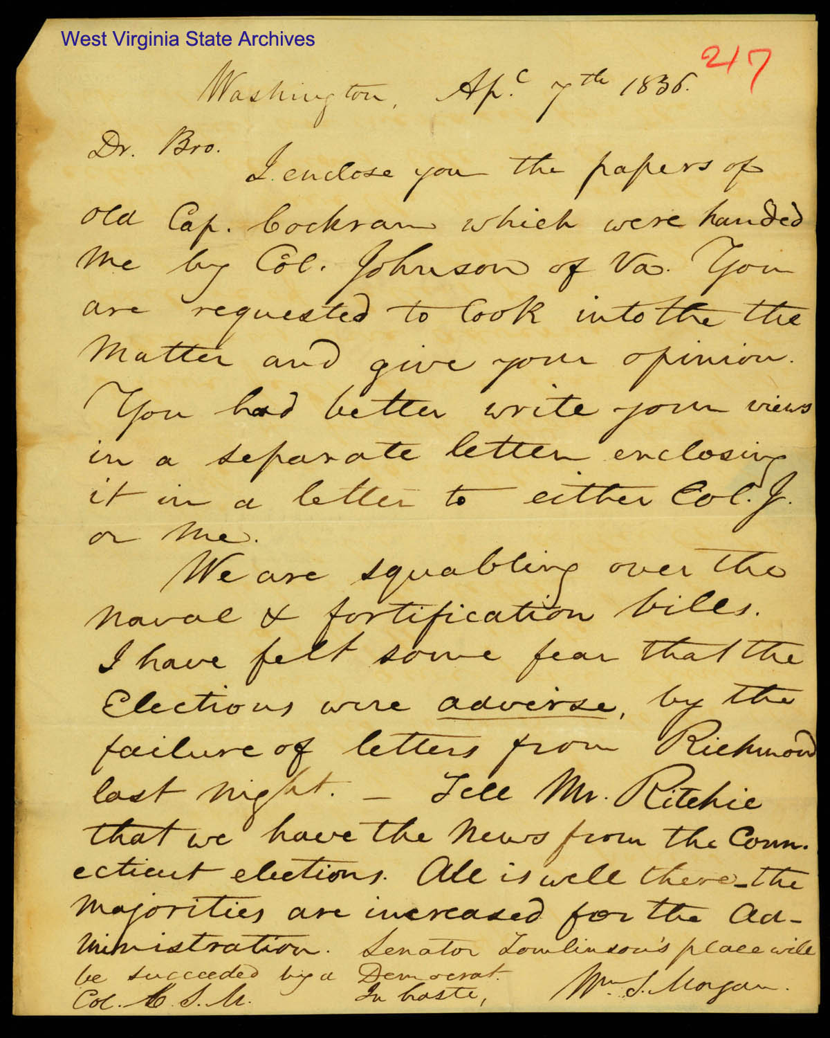 William Morgan letter regarding naval and fortification bill, 1836. (Ms79-1)