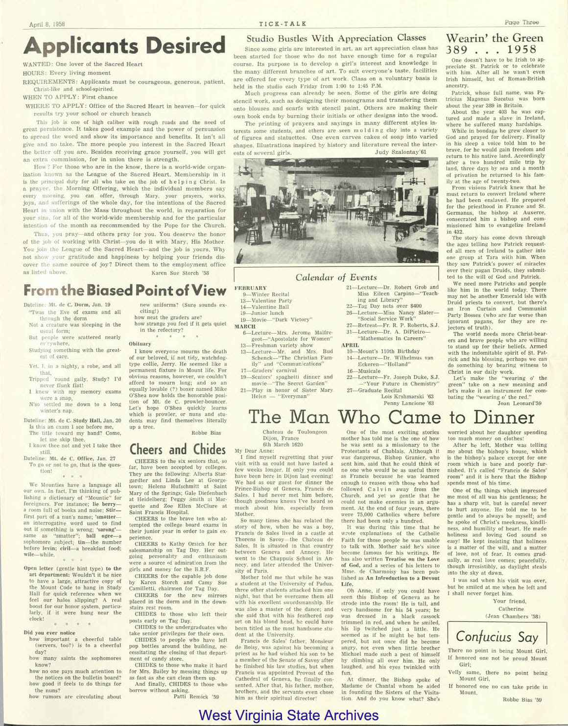 Mount de Chantal Visitation Academy school newspaper, <i>Tick Talk</i>, 1958. (2009-150)