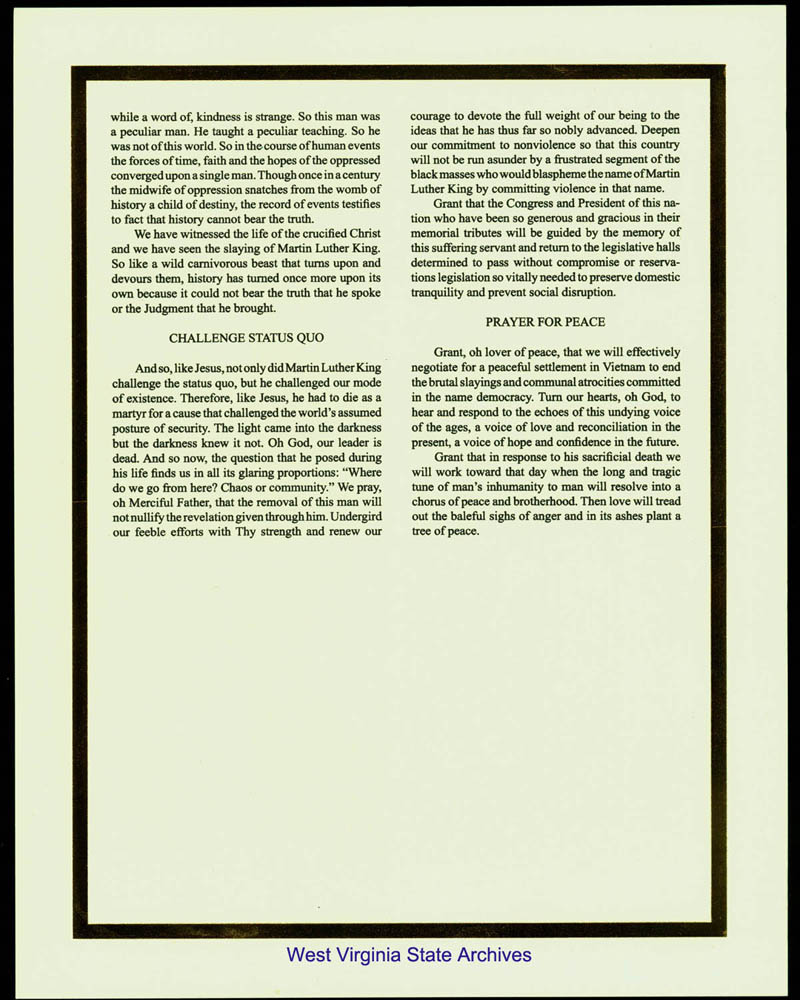 Text of the prayer delivered by Rev. Ronald English at the funeral of Martin Luther King Jr., 1968 as entered into the Congressional Record. (Sc2013-005)