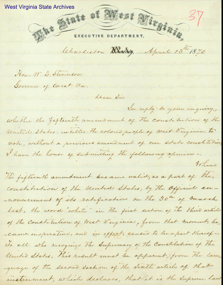 Attorney General Aquilla B. Caldwells opinion on the rights of African Americans to vote in keeping with the Fifteenth Amendment, 1870. (Ar1724)