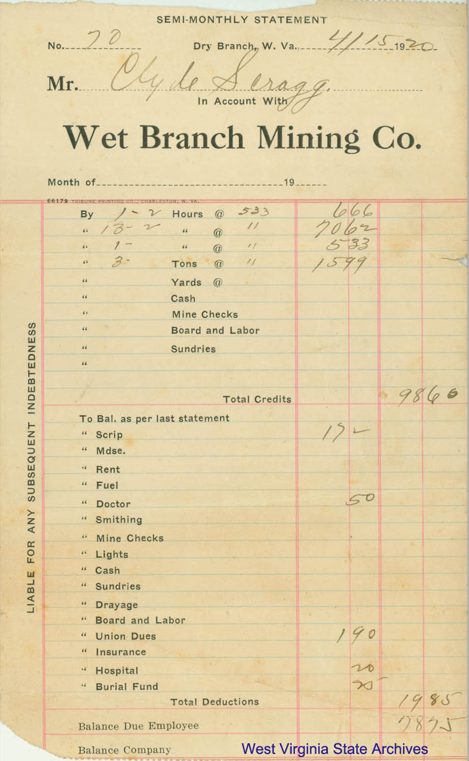 Semi-monthly pay statement from Wet Branch Mining Company for Clyde Scragg, 1920. (Ms2006-001)