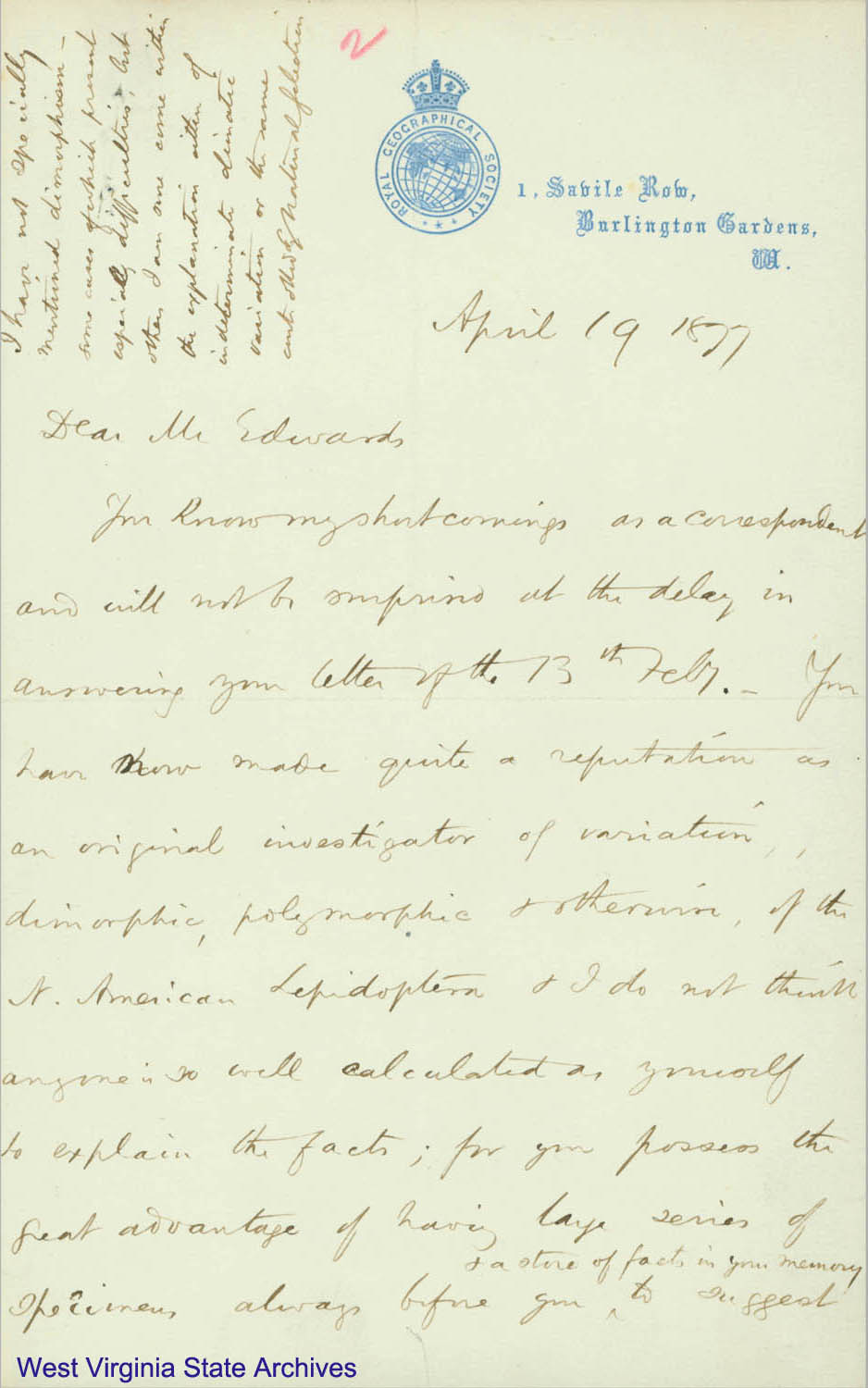 Correspondence from Henry Wallace Bates to William Henry Edwards, regarding entomology, 1877. (Ms79-2)