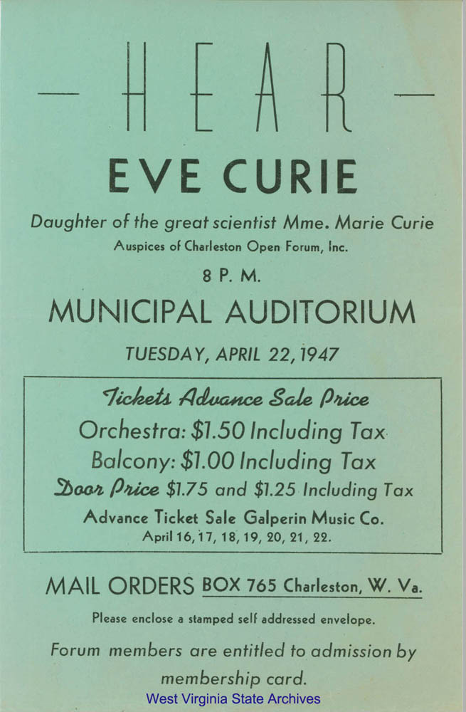 Flyer for the appearance of Eve Curie, daughter of Marie Curie, at the Charleston Municipal Auditorium, 1947. (Bumgardner)
