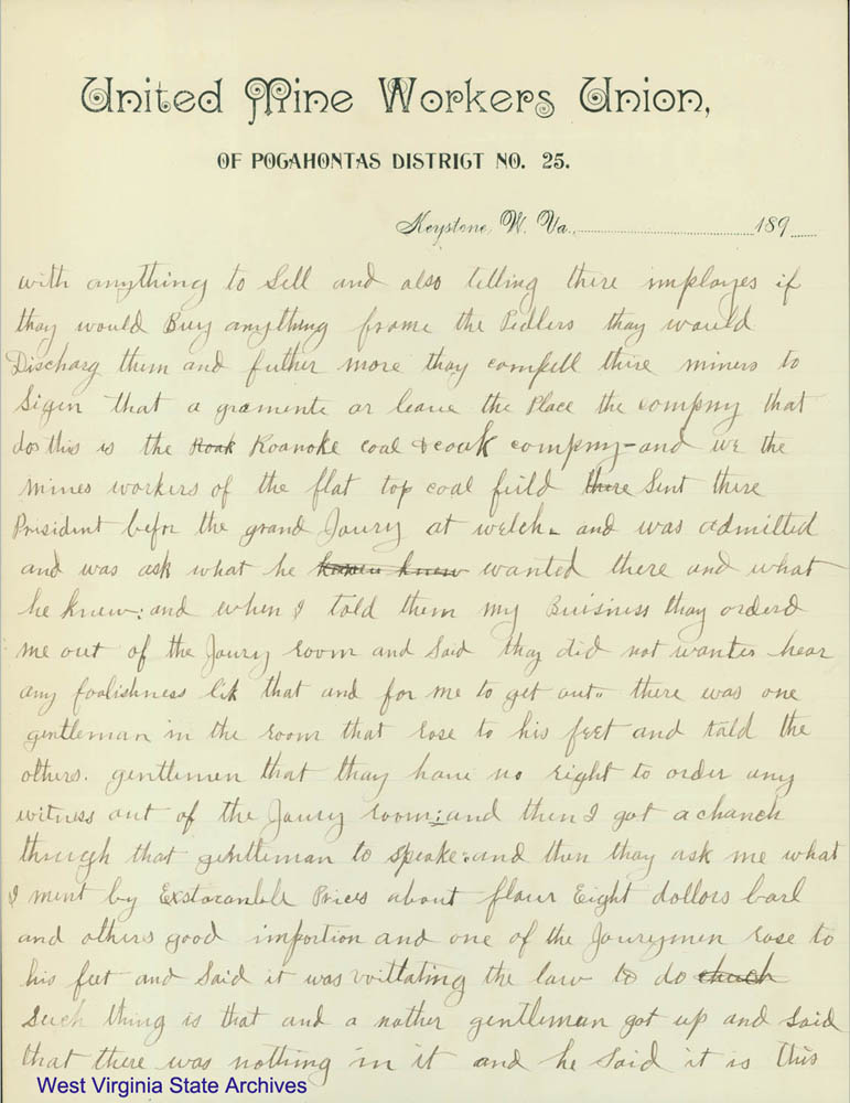 United Mine Workers Union, District No. 25, letter of miners complaints in the Flat Top field to Governor William MacCorkle, 1895. (Ar1730)