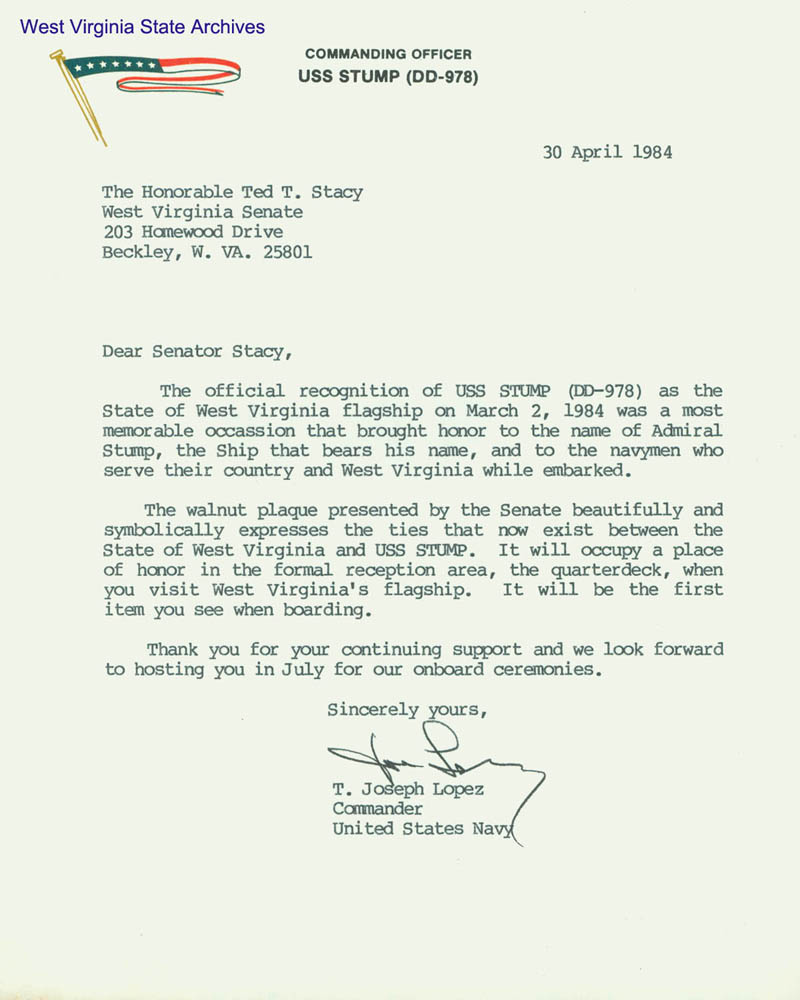 Correspondence from Commander T. Joseph Lopez of the USS Stump to West Virginia Delegate Ted Stacy, 1984. (Ms2010-071)