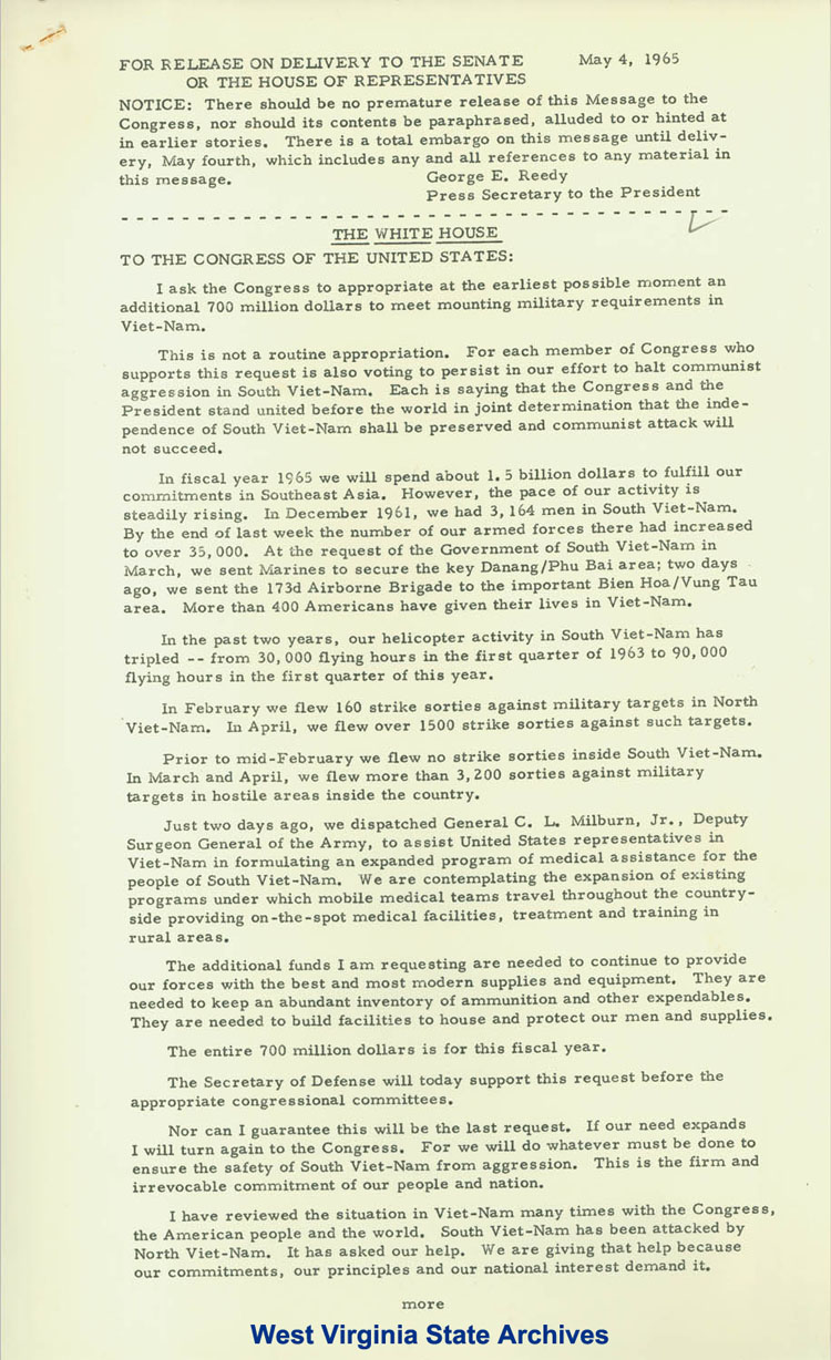 White House message to Congress asking for an appropriation of 700 million dollars for military requirements in Vietnam, May 4, 1965. (Ms2017-016)
