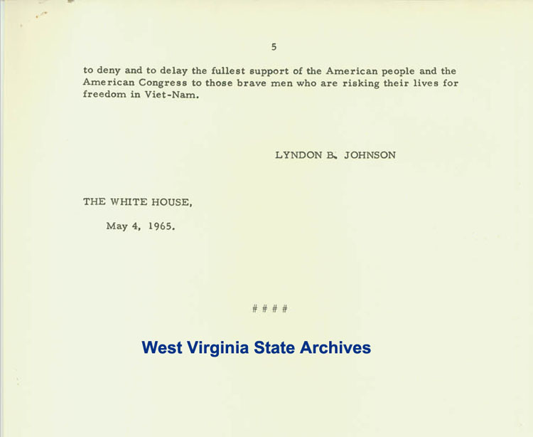 White House message to Congress asking for an appropriation of 700 million dollars for military requirements in Vietnam, May 4, 1965. (Ms2017-016)