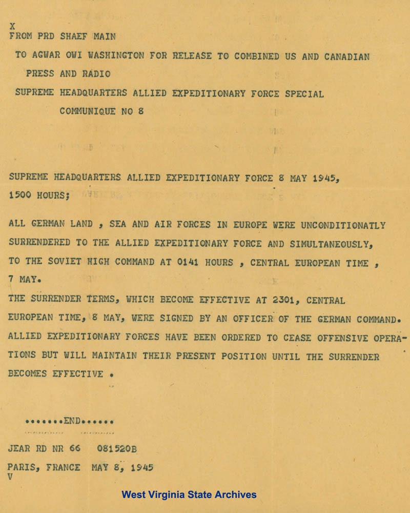 World War II teletype from Eisenhower's office in Paris announcing German surrender to War Department, 1945. (Ms96-8)