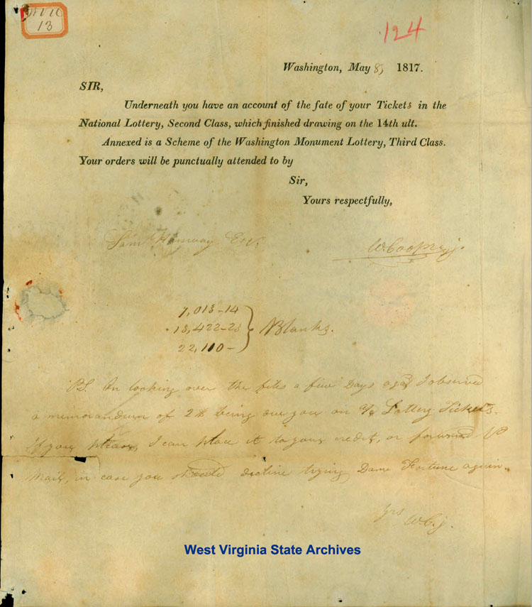 Washington Monument lottery, addressed to Sam Hanway, Esq, Morgantown, 1817. (Sc82-293)