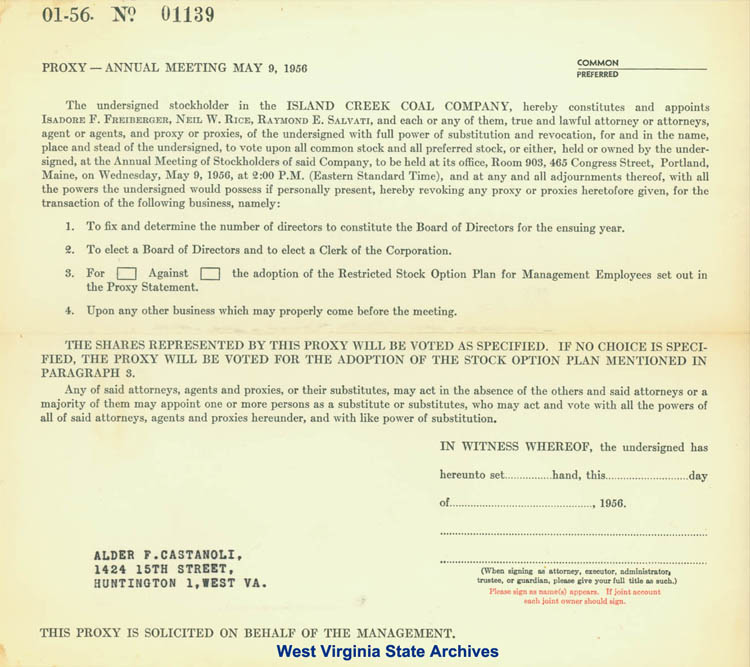 Proxy Vote Form for Island Creek Coal Company, 1956. (Ms2007-001)