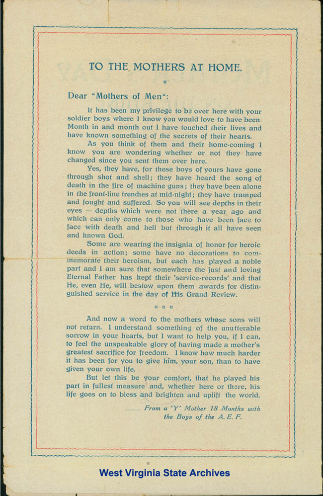 Mother's Day on the Rhine booklet produced by the YMCA, 1919. (Ms2013-098)