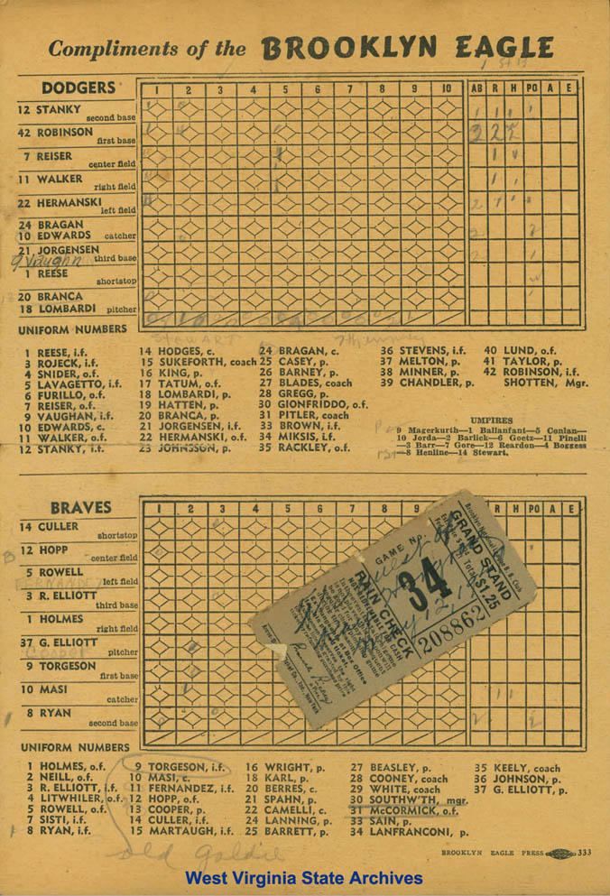 Scorecard and ticket stub for Brooklyn Dodgers vs. Milwaukee Braves baseball game, 1947, the first year Jackie Robinson played Major League Baseball. (Ms2009-139) (Ar1748)