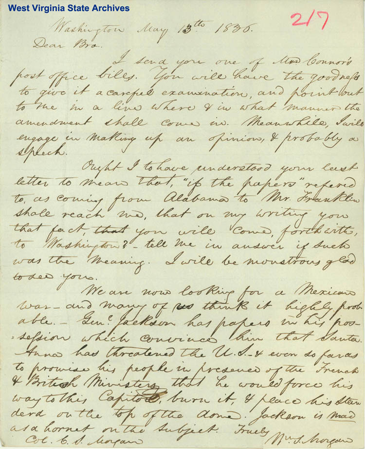 Letter, William S. Morgan to C. S. Morgan, regarding high probability of war with Mexico, 1836. (Ms79-1)