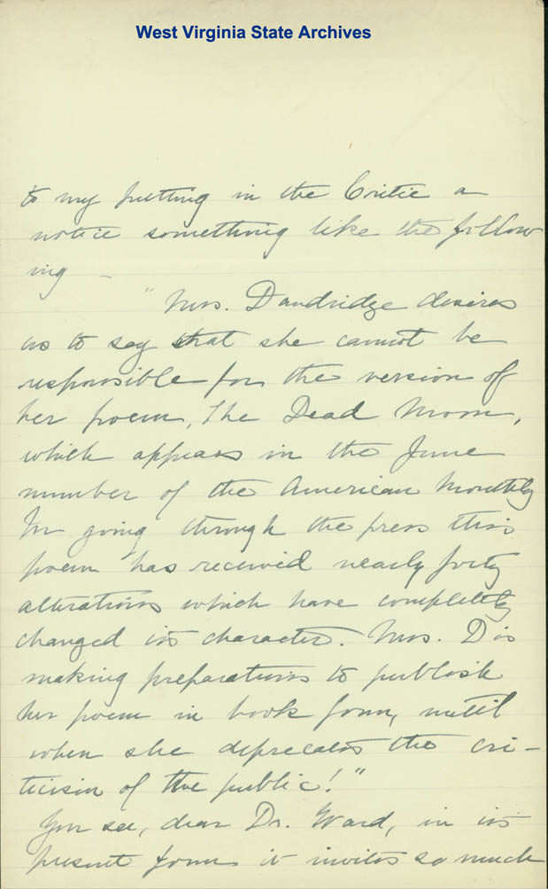 Correspondence from Danske Dandridge to Dr. Ward regarding editor of <i>American Magazine</i> has re-written her poem and ruined it, 1887. (Ms80-133)
