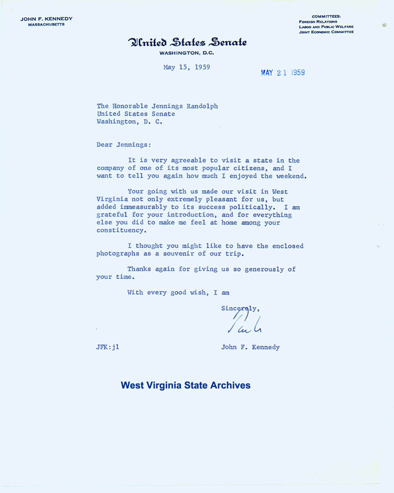 John F. Kennedy letter regarding visit to West Virginia during the presidential primary, 1959. (Ms2017-16)