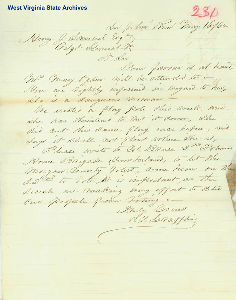 CL Grafflin letter to Henry J. Samuel labeling Mary Ogden as a dangerous woman, 1862. (Ar1722)
