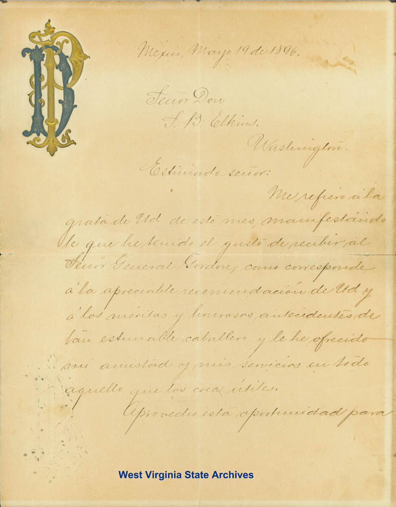 Letter, Jose de la Cruz Porfirio Diaz, President of Mexico, to S.B. Elkins, Washington, 1896. (Ms80-160)