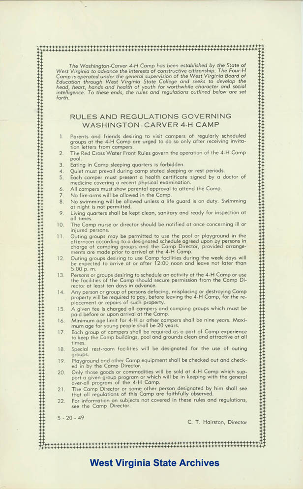 Rules and Regulations Governing Washington-Carver 4-H Camp, 1949. (Ms2018-001)