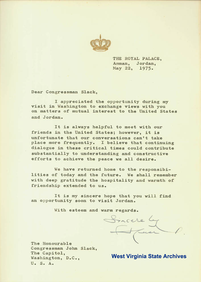 Correspondence from King Hussein of Jordan to Congressman John Slack, 1975. (Ms2007-059)