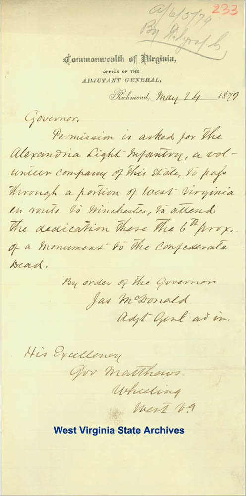 James McDonald requesting permission for Alexandria Light Infantry to pass through portion of West Virginia, 1879 (Ar1726)