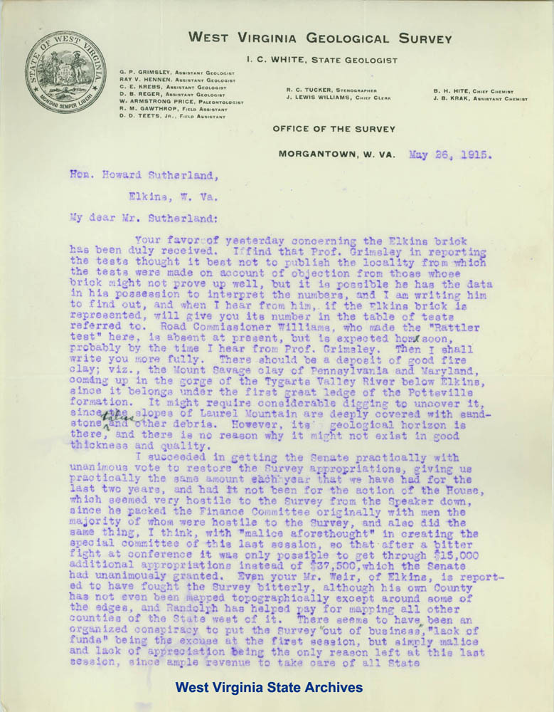 I. C. White, State Geologist, letter regarding geological survey funds, 1915. (Ms83-2)