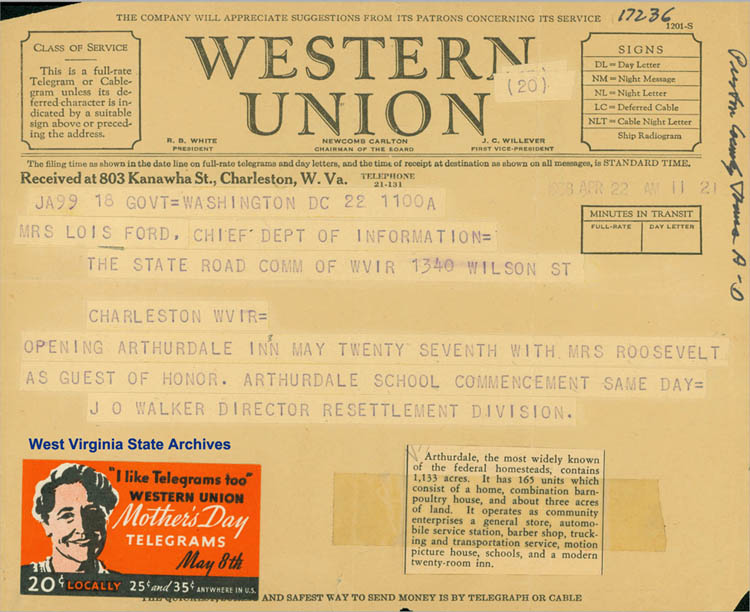 Telegram, Arthurdale, about opening of town and Eleanor Roosevelt attending, 1938. (Ms2010-064)