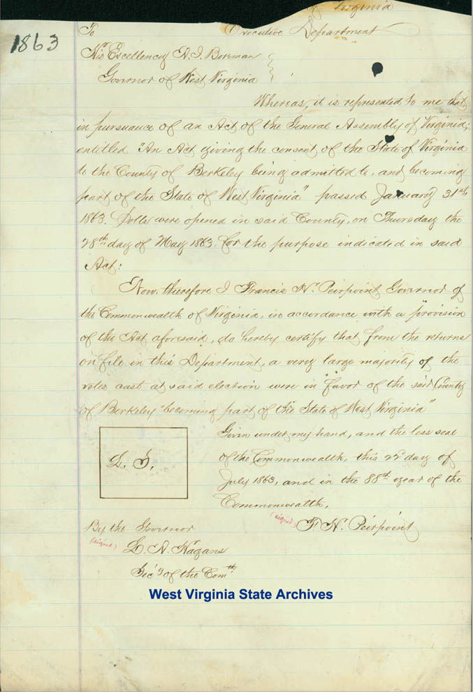 Proclamation of Gov. Pierpont to Gov. Boreman announcing Berkeley County vote to join West Virginia held May 28, 1863. (Ms79-244)
