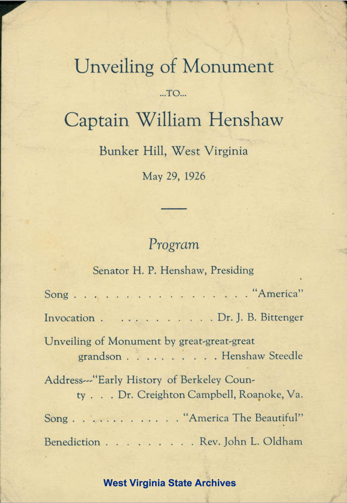 Unveiling of Captain William Henshaw Monument, Bunker Hill, West Virginia, 1926. (Sc82-190)
