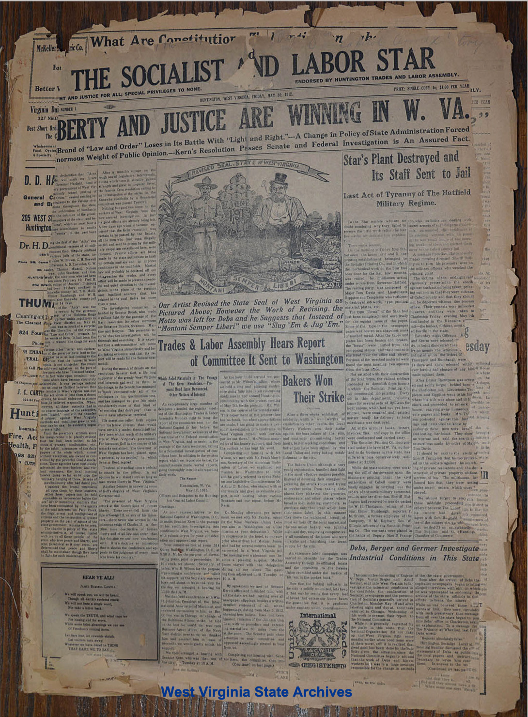Front page of first issue of <i>Socialist and Labor Star Newspaper</i> following the destruction of their press, 1912. (Miscellaneous Newspapers, West Virginia State Archives)