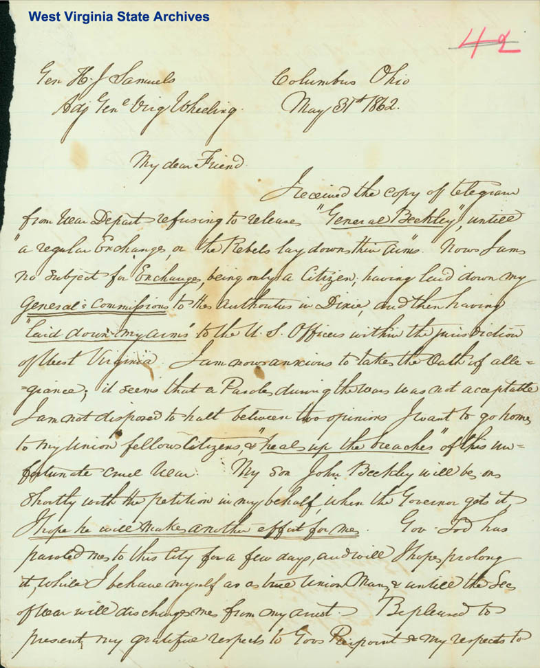 Alfred Beckley letter from Camp Chase, requesting exchange, 1862. (Ar1722)