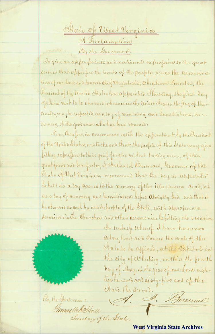 Proclamation by Governor Arthur I. Boreman, appointing a Memorial Day for Lincoln, 1865.
