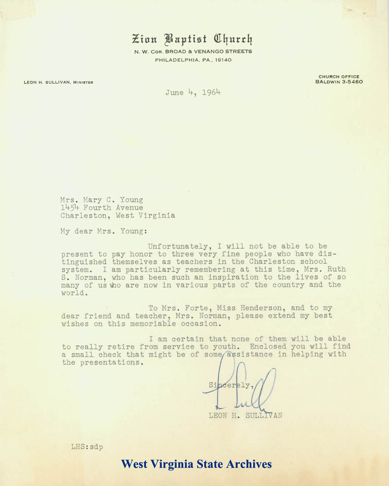 Letter from Leon Sullivan extending best wishes to Charleston area teachers, 1964. (Ms2014-073)