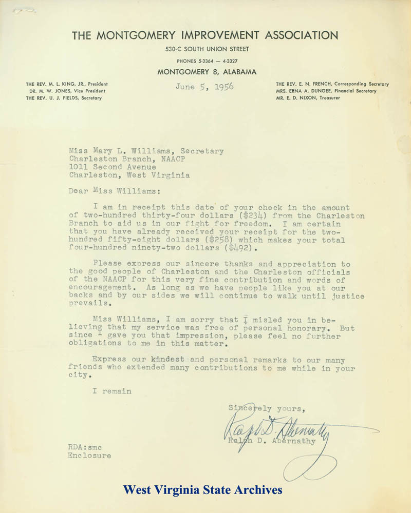 Correspondence to Charleston Branch, NAACP from Montgomery Improvement Association signed by Ralph D. Abernathy, 1956. (Ms2009-009)