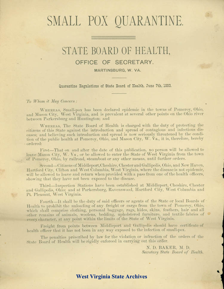 Small Pox Quarantine by State Board of Health, Martinsburg W. Va. June 7th, 1992 (1892) (Ar1729)
