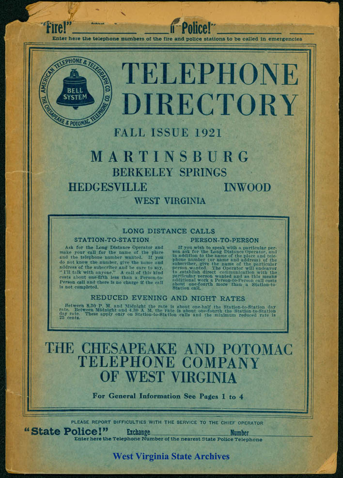 Telephone Directory, Fall Issue 1921 for Martinsburg and the surrounding areas.
