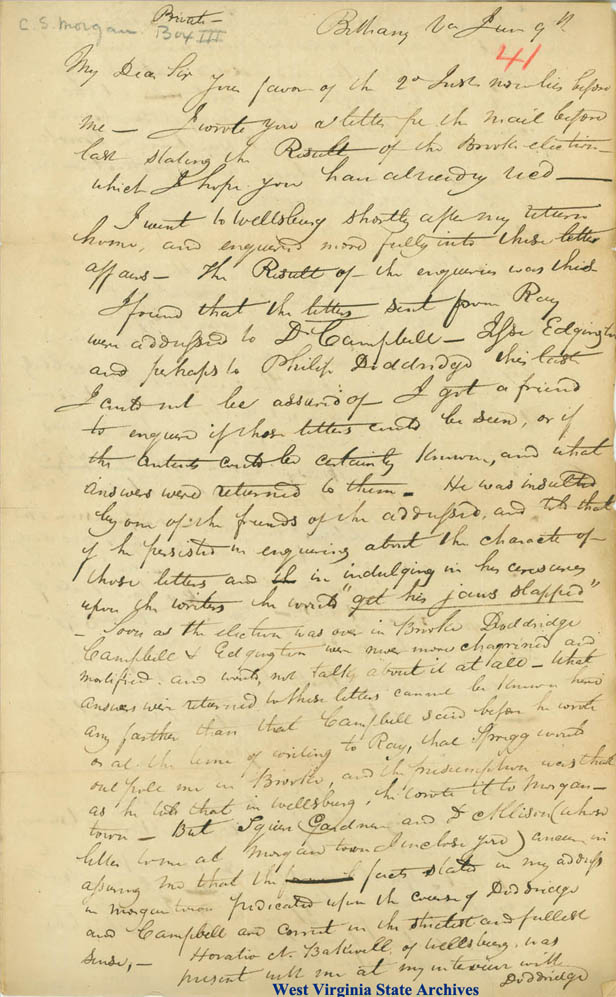 Alexander Campbell writing from Bethany, Va. to Charles S. Morgan regarding election in Brooke County, 1829. (Ms79-1)