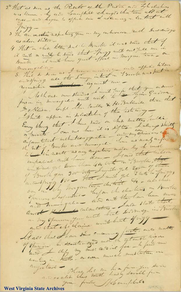 Alexander Campbell writing from Bethany, Va. to Charles S. Morgan regarding election in Brooke County, 1829. (Ms79-1)