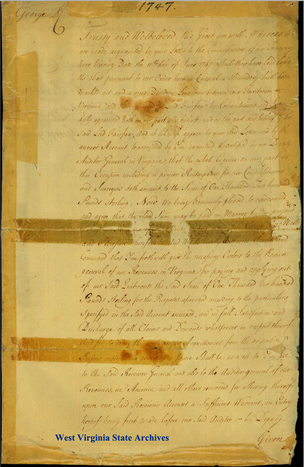 Papers related to the expense of running the boundary line to divide the Northern Neck land grant of Lord Fairfax, 1747. (Ms79-3))