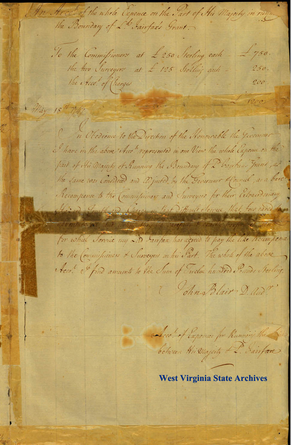 Papers related to the expense of running the boundary line to divide the Northern Neck land grant of Lord Fairfax, 1747. (Ms79-3))