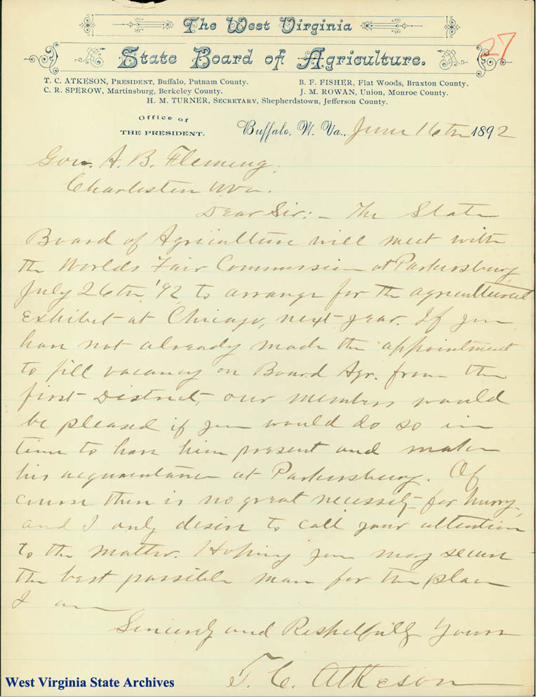 Letter from Thomas Clark Atkeson to Gov. Aretas Brooks Fleming regarding the Agricultural Exposition at the 1893 Chicago Worlds Fair, 1892. (Ar1729, 27A)